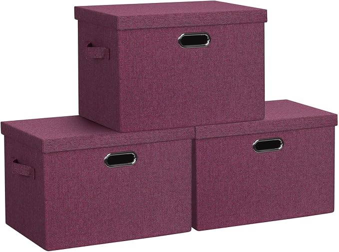 Graciadeco Large 17" 36 Quart Collapsible Stackable Storage Bins with Lids, 3 Packs Purple Linen Fabric Closet Boxes with Lids, Storage Cube Baskets Container Organizers for Bedroom Office (17x12x11) by GraciadecoStorage