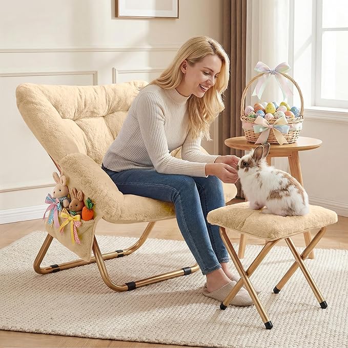 Kasunpul Comfy Saucer Chair, Foldable Living Room Chairs, Soft Faux Fur Lounge Chair for Bedroom, Reading Chairs for Adults, Teens, X-Large (Beige)