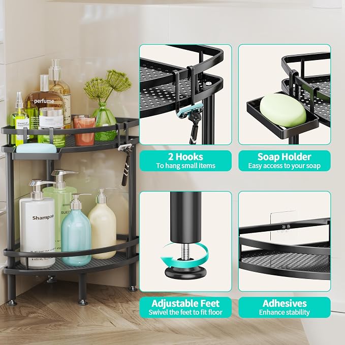 HapiRm Standing Corner Shower Caddy - 2 Tier Shower Organizer Corner with Soap Holder and 2 Hooks, Rustproof Bathroom Storage Shelves with Adhesives, Black - Image 3