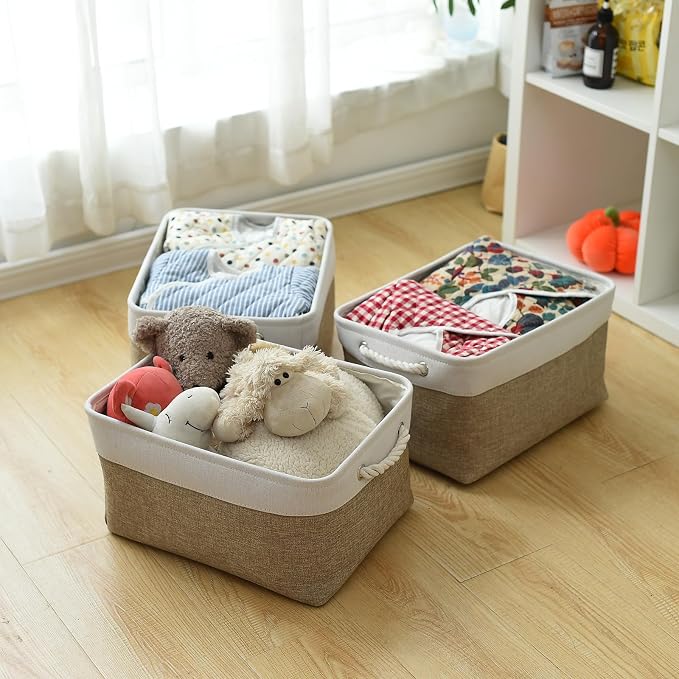 TheWarmHome Storage Basket for Organizing- 15.7x11.8x8.2 inch 1 Pack Fabric Storage Cubes for Shelves Organizer Book Gift Laundry Box Cloth Toy (Whiet & Khaki) - Image 3