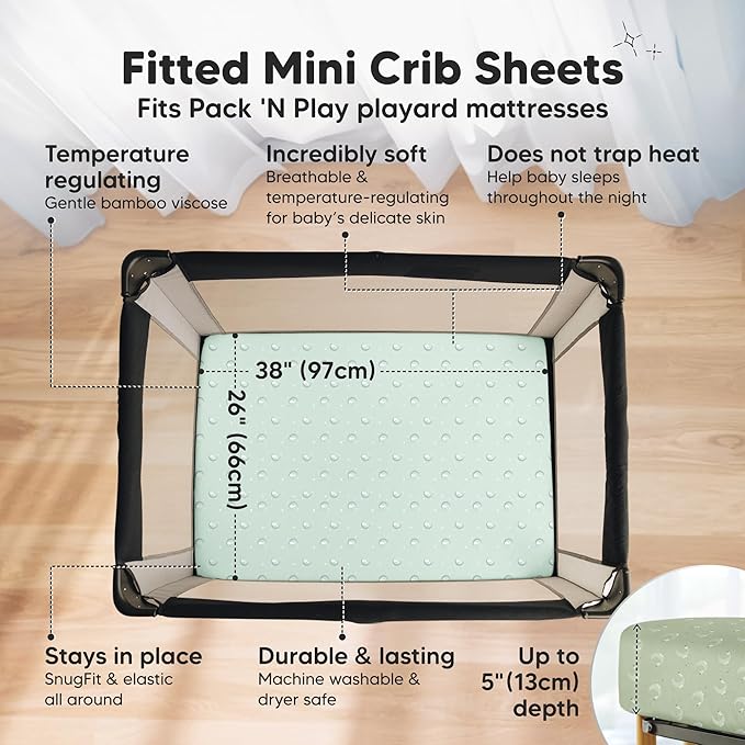 Pack and Play Sheets Fitted - 2-Pack Mini Crib Sheets for Pack N Play Mattress 38x26, Soft & Cozy, Neutral Toddler Playard Bedding, Snug Fitted Mini Baby Crib Mattress Cover Boy, Girl (Lunaris)