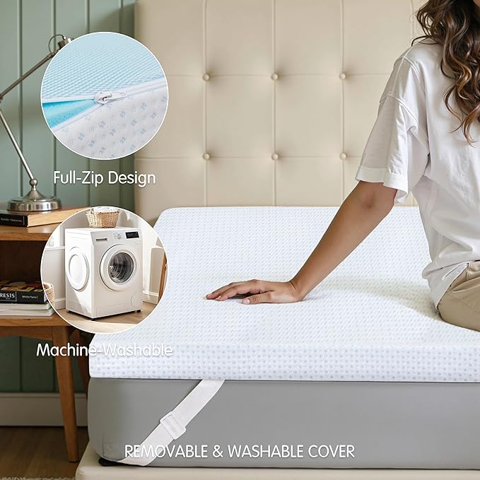 Subrtex 3 Inch Mattress Topper Cover (Only Cover) Mattress Topper Protector Bedding Rayon Made from Bamboo Removable Mattress Encasement with Zippers, Queen