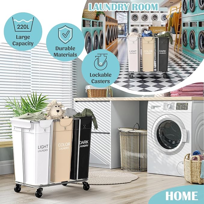 PLKOW Laundry Sorter 3 Section, 220L Large Laundry Cart with Wheels 3 Hamper Laundry Sorter with Steel Frame and Removable Bag, Rolling Laundry Cart for Home, Laundry Room, Hotel, 6 Bushel - Image 2