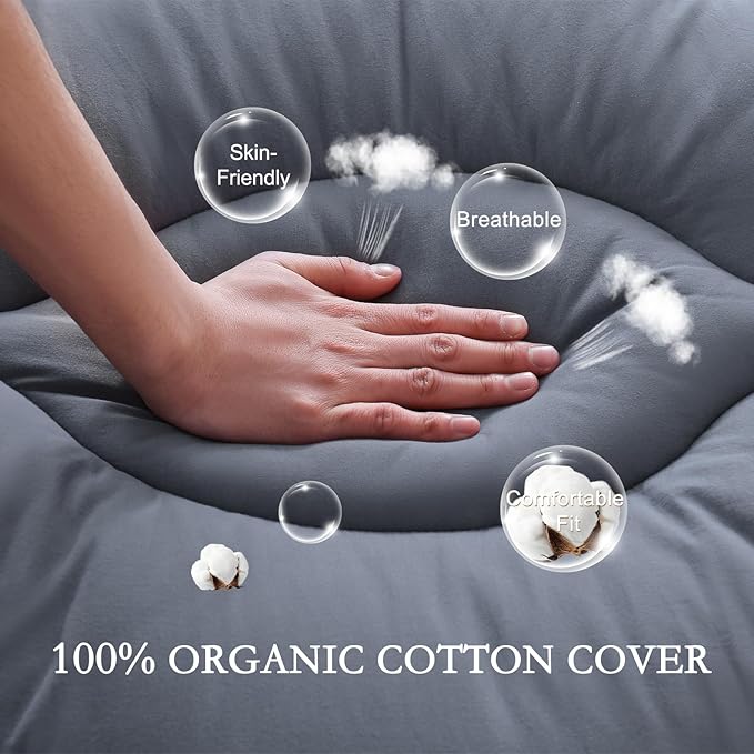 YOUR MOON 100% Organic Wool Mattress Topper Queen Size, Thick Pillow Top Mattress Pad, 800GSM Natural Wool Filling, Back Pain Relief Bed Topper with Cotton Cover-16'' Depth, 60"x80" (Gray)