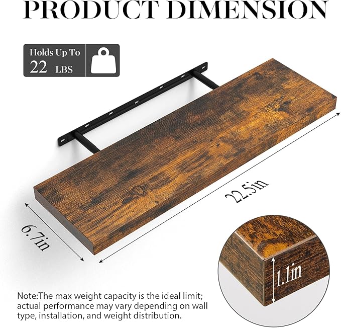 BAYKA Floating Shelves Set of 2, 22.5 inches Farmhouse Rustic Wood Wall Mounted Shelves for Bathroom, Bedroom, Living Room or Kitchen, Hanging Shelf Decor Book with 22lbs Capacity, Rustic Brown - Image 3