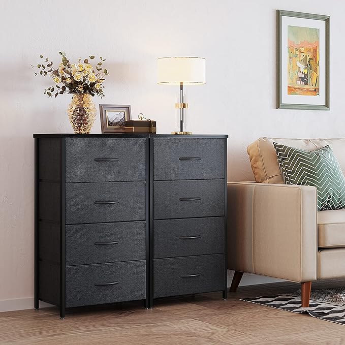 ODK Dresser for Bedroom with 4 Storage Drawers, Small Dresser Chest of Fabric Drawers with Sturdy Steel Frame for Small Space, Wood Top, Black
