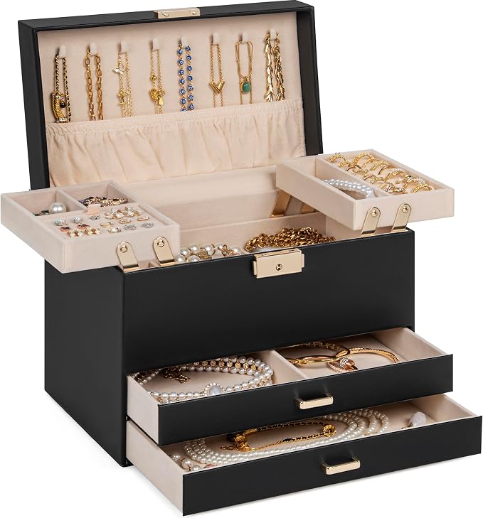 AKOZLIN Travel Jewelry Box Organizer Functional 2-trays Leather Jewelry Storage Case with Lockable Portable 2 Drawers for Women Girls Ring Necklace Earring Bracelet by AKOZLIN