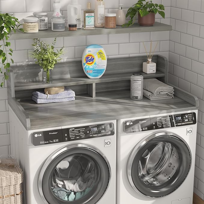 2-Tier Washer Dryer Countertop with 2.75"H Edge Rails, 54" W x 27.55" D Laundry Countertop for Folding Clothes, Washer and Dryer Topper with Non-Slip Pad (Stripe Gray) - Image 2
