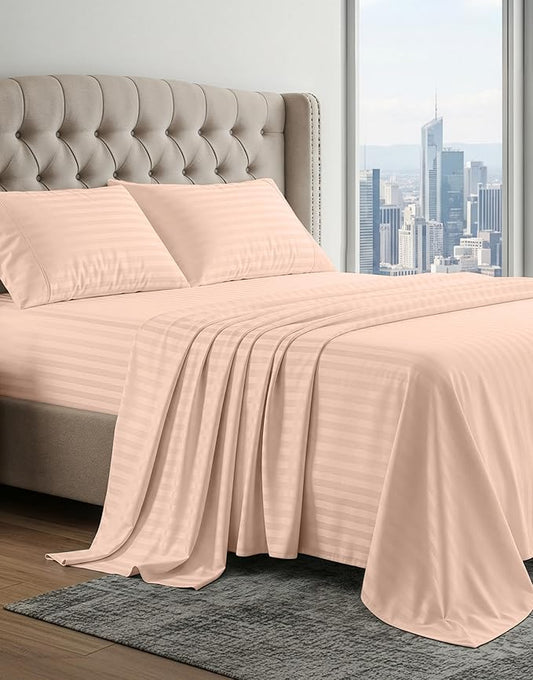 LANE LINEN 100% Egyptian Cotton Bed Sheets Queen Size, Long Staple Soft & Comfy Sateen Weave No Pill Queen Size Bedding Set, Machine wash 15'' Deep Pocket Queen Sheets Damask Stripe - Veiled Rose