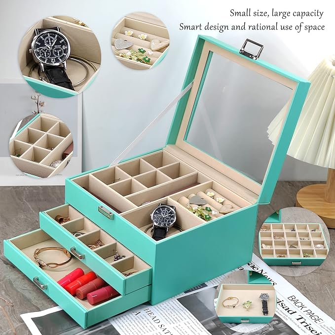 BOOVO Clear Lid Jewelry Box,3 Layers Jewelry Organizer Large Multi-Functional Jewelry Storage Box with 2 Drawers,Jewelry Display Case of Rings Earrings Necklace Bracelets for Women Girls (Turquoise) - Image 4