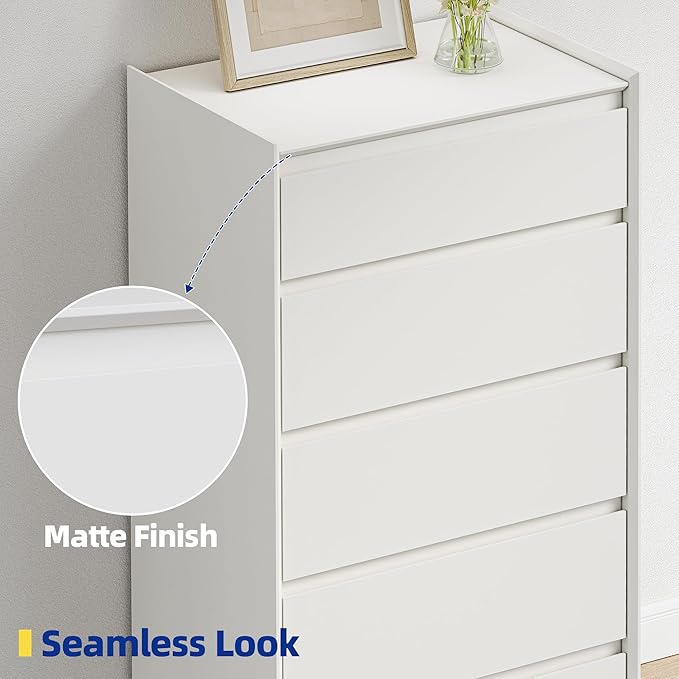 24" Wide White Dresser for Bedroom, 5 Drawer Vertical Chest, Modern Matte Wood Tallboy with Anti-Tip Kit, Space-Saving Storage Organizer for Closet & Small Spaces, Handle-Free