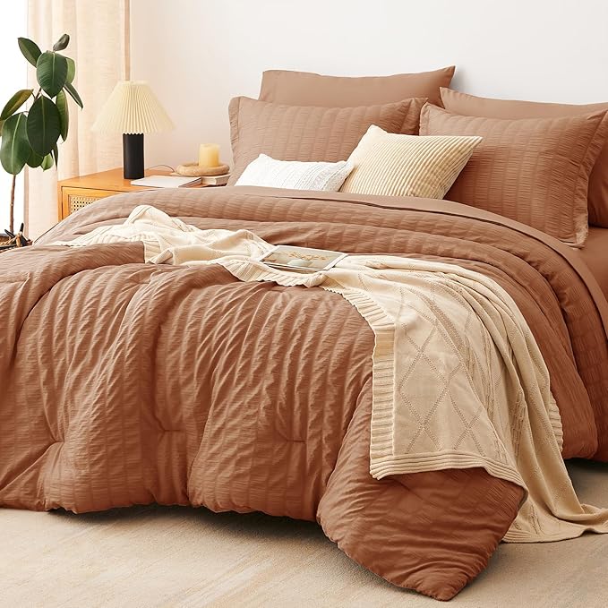 CozyLux King Size Comforter Set Pumpkin Seersucker 7 Pieces Bed in a Bag King Comforter Set with Sheets, Luxury Soft Bedding Set with Down Alternative Comforter, Sheets, Pillowcases & Shams All Season