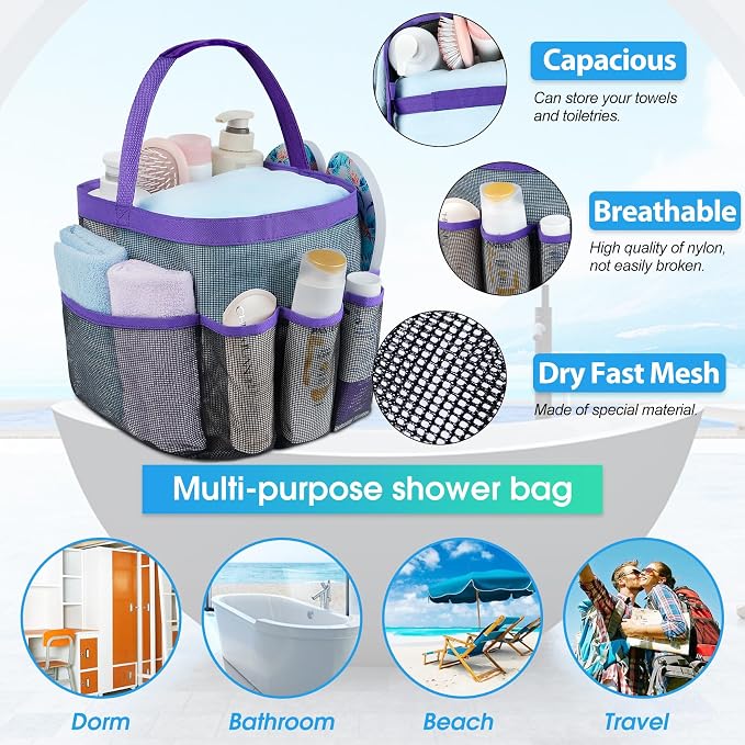 Attmu Mesh Shower Caddy Portable for College Dorm Room Camping Essentials, Shower Caddy Dorm with 9-Pockets, Large Capacity Hanging Basket Bathroom Bag for Toiletry, Swimming, Gym, Camp, Beach - Image 2