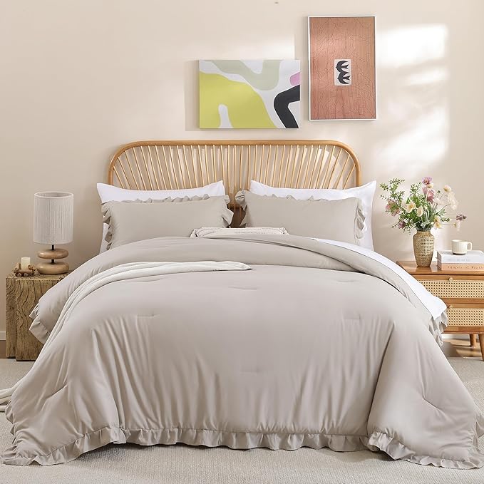 JANZAA Full Size Comforter Ruffled Oatmeal Soft Vintage Farmhouse Bed Comforter Set Shabby Fluffy 3PCS Bedding (1 Comforter Set and 2 Pillowcases)