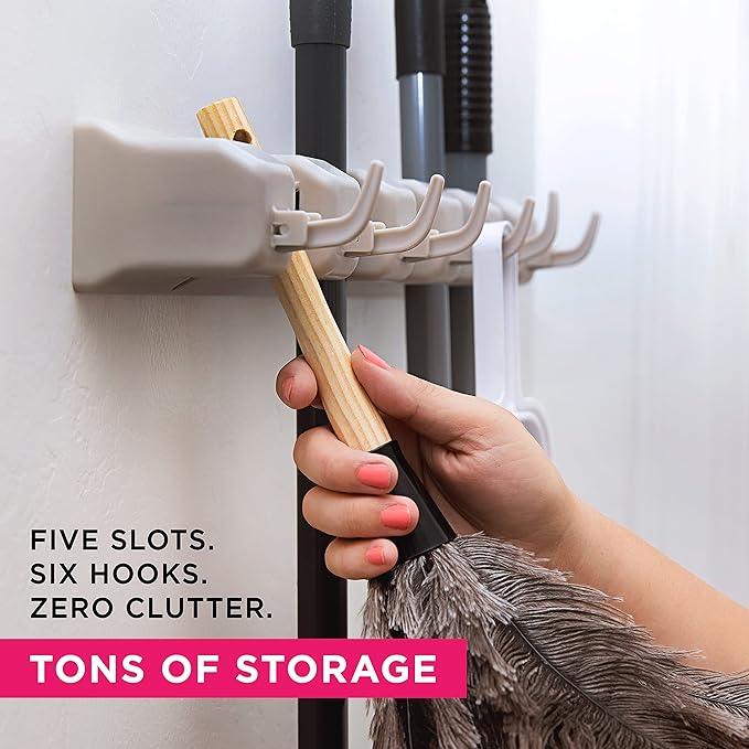 Broom Holder Wall Mount, Mop and Broom Organizer – Wall Mounted Broom Rack & Mop Rack, Rack for Brooms and Mops | Broom Hanger Wall Mount with 5 Slots & 6 Hooks, Kitchen Garage Laundry Garden (Beige) - Image 2