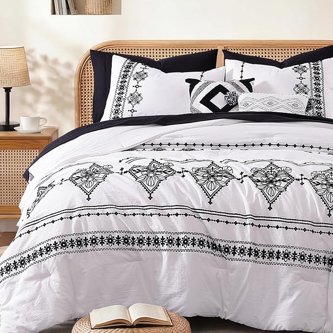 MaiRêve Queen Size Comforter Set Frost White, Embroidery Floral Western Boho Bedding Set, All Season 7 Pieces Bed in a Bag with Sheets, Pillowcases & Shams