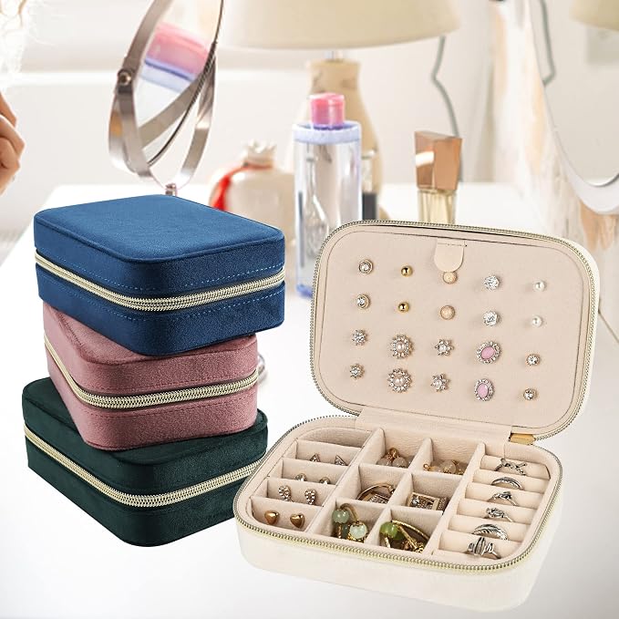Dajasan Velvet Travel Jewelry Boxes, Small Travel Jewelry Case, Portable Travel Jewelry Organizer Box for Birthday Mother's Day Valentine's Day (Beige) - Image 7