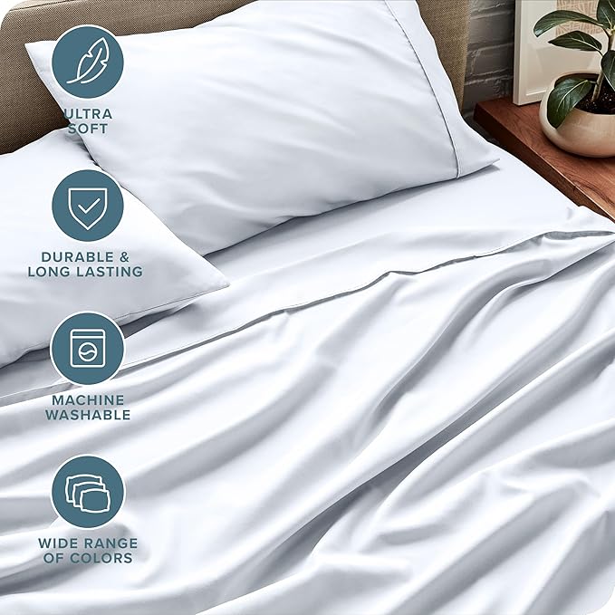 Bare Home Short Queen Sheet Set - 1800 Ultra-Soft Microfiber Bed Sheets - Double Brushed - Deep Pockets - Easy Fit - 4 Piece Set - Bedding Sheets & Pillowcases (Short Queen, White)