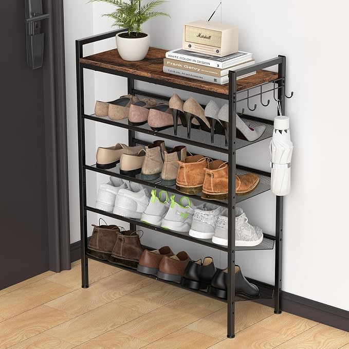 Refrze Shoe Rack for Front Door Entrance, 5 Tier Height-Adjustable Metal Shoe Rack, Sturdy Wooden Top and Tiltable Steel Frame Heavy Duty Shoe Organizer for Bathroom,Bedroom,Kitchen，Include Hook by Refrze