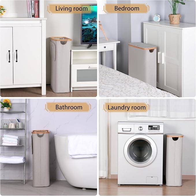 65L Slim Laundry Hamper, Narrow Laundry Basket with Lid,Foldable Clothes Hamper with Bamboo Handles,Hamper Basket with Removable Inner Bag for Laundry Room Bedroom College Dorm,17.17 Gals（Light Grey） - Image 6