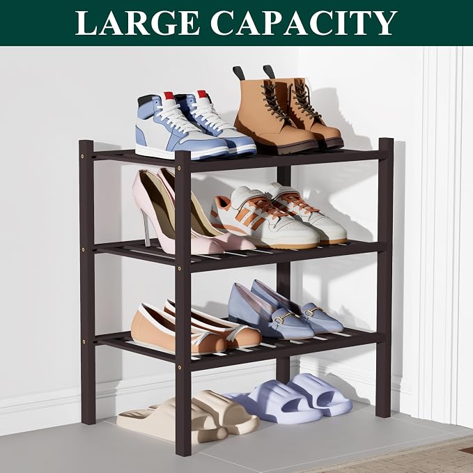 Smiry Bamboo Shoe Rack for Closet, 3 Tier Small Wooden Stackable Shoe Organizer, Free Standing Shoes Storage Shelf for Entryway, Front Door Entrance, Brown - Image 5