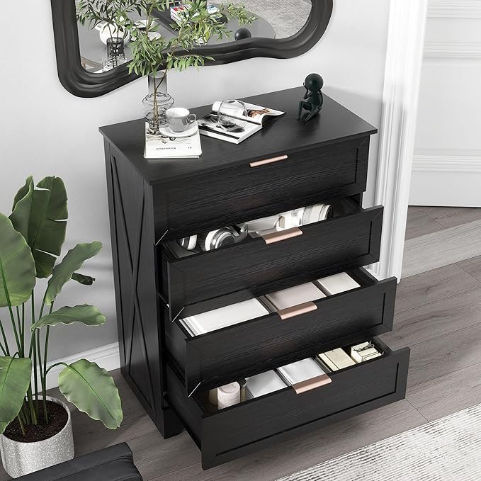 FTZxHKLX Modern 4 Drawer Dresser for Bedroom, Tall Bedroom Dresser with Large Drawer & Rose Gold Handles, Wooden Storage Organizer Cabinet Chest of Drawer for Closet, Living Room, Hallway, Black