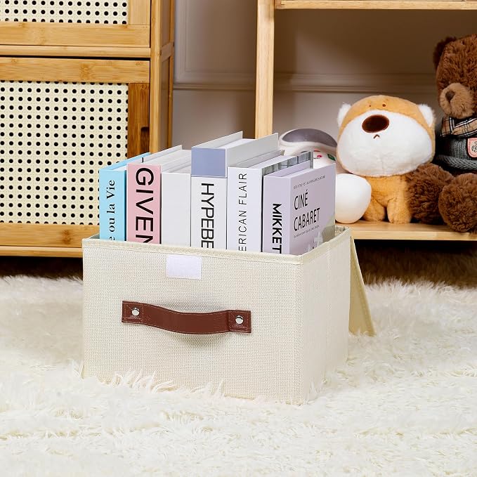ANMINY Storage Bin with Lid Storage Boxes with PU Leather Handles PP Plastic Board Decorative Foldable Lidded Cotton Linen Fabric Home Cubes Baskets Closet Organizer Container - Beige, Small Size - Image 8