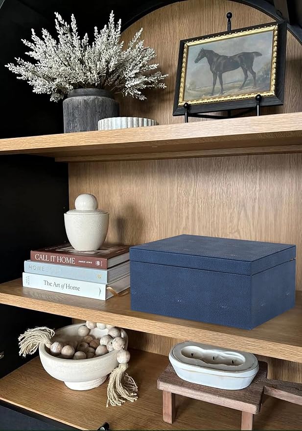 HofferRuffer Faux Leather Decorative Box, Large Wooden Structure Keepsake Box Accessory Organizer Jewelry Organizer with Hinged Lid, Storage Container for Home or Office (NavyBlue Shagreen) - Image 6