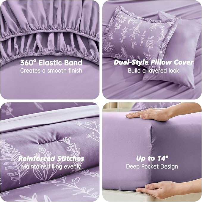 MUXHOMO Grayish Purple Full Comforter Set, Elegant Floral Print Bed in a Bag 7 Pieces, Ultra Soft & Breathable Reversible Botanical Pattern Bedding Set with Comforter, Sheets, Pillowcases, and Shams