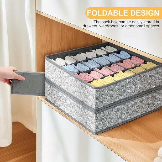 Joyoldelf Sock Drawer Organizer Divider Underwear Organizer 24-cell Fabric Dresser Drawer Organizers Storage Boxes for Socks Lingerie, Handkerchiefs, Ties 4 Pack (Gray) - Image 6
