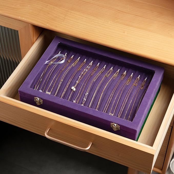 Frebeauty 15 Hooks Necklace Tray Velvet Neckalce Organizer with Clear Lid Lockable Necklace Holder Box Jewelry Organizer for Pendants Chains Necklace Jeweley Tray for Women (Purple) - Image 7