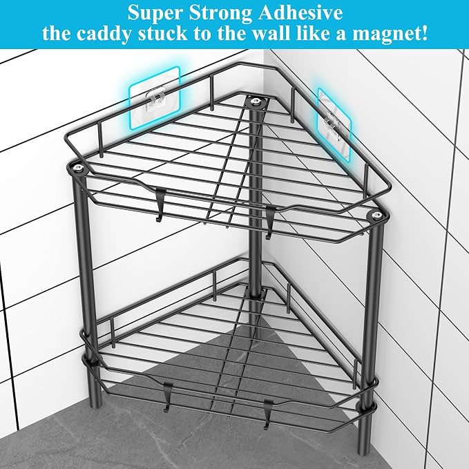 HuggieGems 2 Tier Floor Standing Corner Shower Caddy Organizer Shelf with Hooks, Bathroom Shelves Stand Rack, Black - Image 2