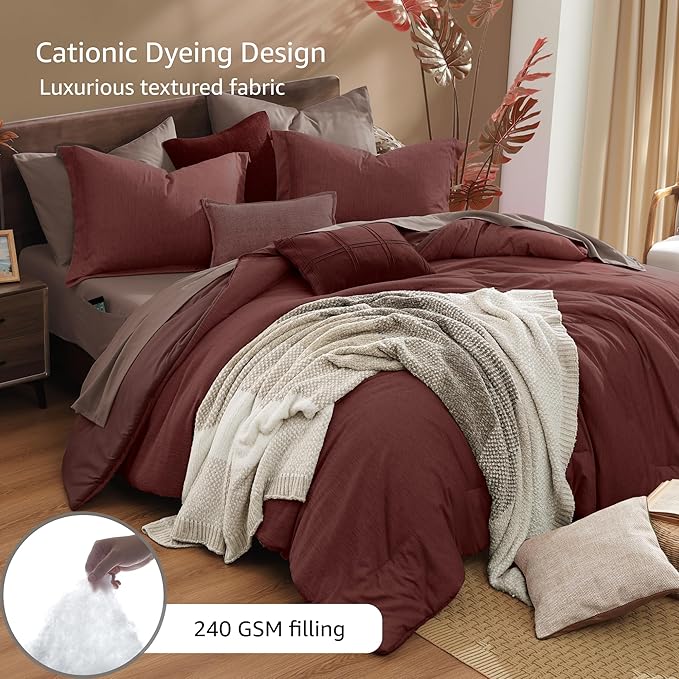 Monbix California King Comforter Set - 7 Pieces Cationic Dyeing Dark Red Bed in a Bag Cal King Bedding Sets with Comforter, Sheets, Pillowcases & Shams, Reversible Bedding Comforters Sets