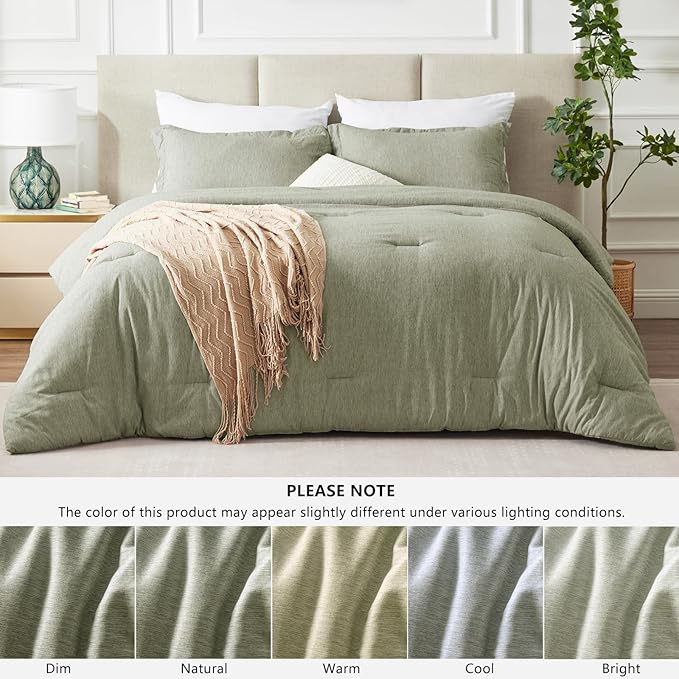 CozyLux King Size Comforter Set - 3 Pieces Olive Green Soft Luxury Cationic Dyeing Bedding Comforter for All Season, Breathable Lightweight Fluffy Boho Bed Sets with 1 Comforter and 2 Pillow Shams