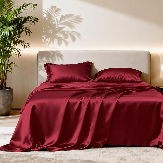 Love's cabin Twin XL Satin Sheet Sets - 3 Piece Burgundy Silky Bed Sheets with Deep Pockets, Luxury Silk Feel Satin Sheet Set Twin XL (1 Flat Sheet,1 Fitted Sheet,1 Pillow case)