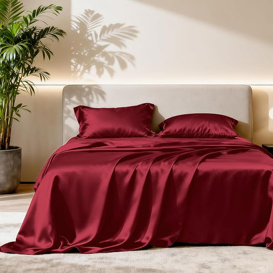Love's cabin Full Size Satin Sheet Sets - 4 Piece Burgundy Silky Satin Sheet Set Full with Deep Pocket, Luxury Silk Feel Satin Bed Sheets Full Bedding Set (1 Flat Sheet,1 Fitted Sheet,2 Pillow Cases)