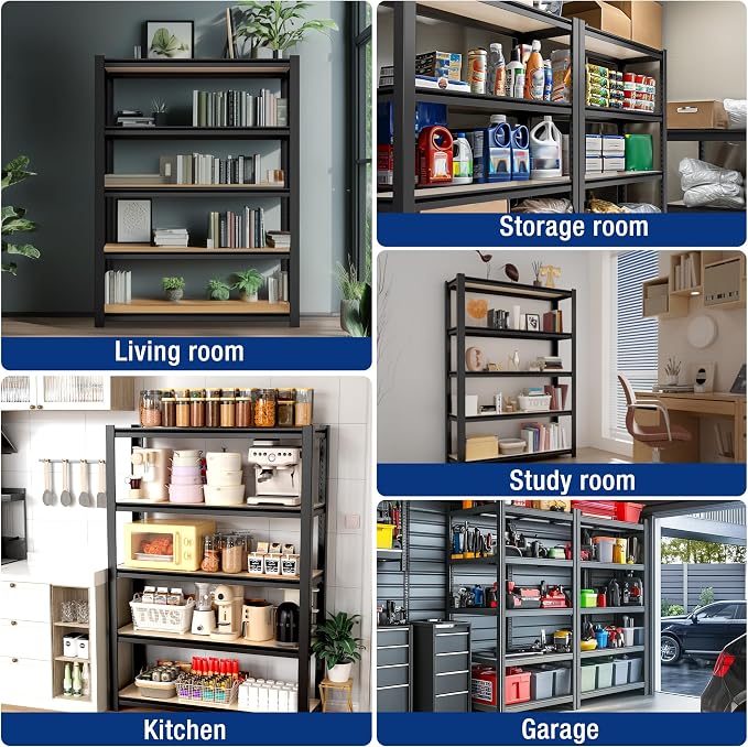 WORKPRO House 3000lbs 5-Tier Shelving Unit, 72" H Adjustable Storage Shelves, Boltless Book Shelf, Shelf Organizer for Kitchen, Living Room, Bathroom, Wood Grain Pattern, Waterproof Board, Black - Image 8