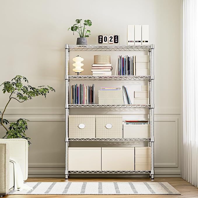 IZEUK 5-Tier Heavy Duty Metal Storage Shelving Unit (Chrome, 17.7" D x 47.2" W x 72.3" H, 1750 lbs Capacity), Adjustable Steel Wire Rack Shelf Organizer for Garage, Kitchen, Pantry, Basement, Laundry - Image 7