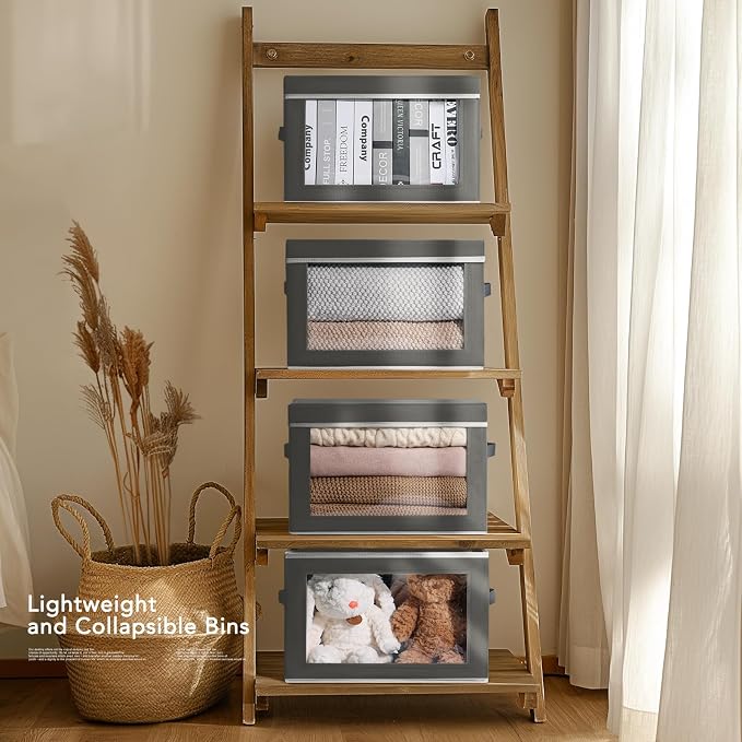Homsorout Storage Boxes with Lids - 3 Pack Fabric Clear Window Storage Bins, Collapsible Storage Bins with Lids, Linen Closet Organizer for Clothes, Towel, Blanket, Dark Grey - Image 5
