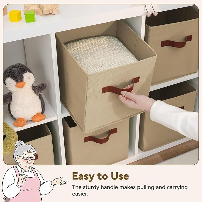 GRANNY SAYS Cube Storage Bins, 11 Inch Cube Storage Organizer with PU Handle, Khaki, Foldable Clothing Organizer Bins, Storage Baskets for Shelves, Closet, 6-Pack - Image 5