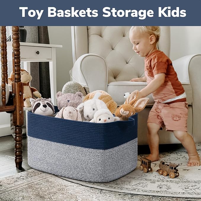 Goodpick Large Blanket Basket 22" x 17" x 12" Woven Storage Baskets for Organizing, Decorative Cotton Rope Basket for Living Room Home Decor, Toy Baskets for Kids, Mixed Blue - Image 4