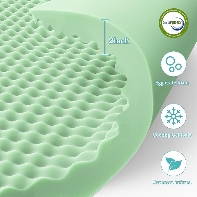 Memory Foam Mattress Topper Twin, 4inch Dual Layer Cooling 2''Gel Green Tea Memory Foam & 2" PillowTop Mattress Pad, 8-21inch Deep Pocket, Egg Crate for Back Pain Relief