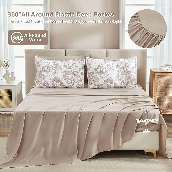 DJY Khaki Comforter Set Queen, 7 Pieces Bed in a Bag Queen Size Botanical Comforters with Sheets Elegant Plants Print Soft Microfiber Reversible Complete Bedding Sets for All Season