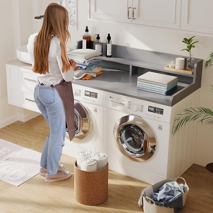 2-Tier Washer Dryer Countertop with 2.75" H Edge Rails, 58" W x 28" D Laundry Countertop for Folding Clothes, Washer and Dryer Topper with Non-Slip Pad (Gray) - Image 6