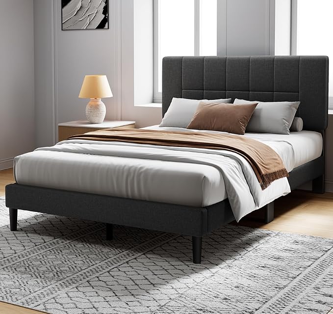 Pipishell Full Size Bed Frame with 12 Thickened Legs&Fabric Upholstered Headboard,1300 Lbs Weight Capacity, Adjustable Headboard, No Box Spring Needed, Easy Assembly, Underbed Storage（Solid Wooden）