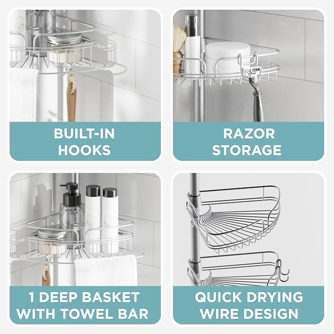 Zenna Home Tension Pole Shower Caddy Corner Organizer, Adjustable Standing Shower Caddy with 4 Baskets and Built in Towel Bar, Rust Resistant Bathroom Tension Rod Organizer, 60 to 97 Inch, Chrome - Image 6