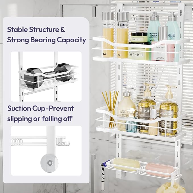 SWTYMIKI Over the Door Shower Caddy - 3 Tier Adjustable Shower Organizer Hanging with Soap Holder, No Drilling Stainless Steel Bathroom Hanging Caddy for Body Wash, Shampoo, Soap, Razor, White - Image 5