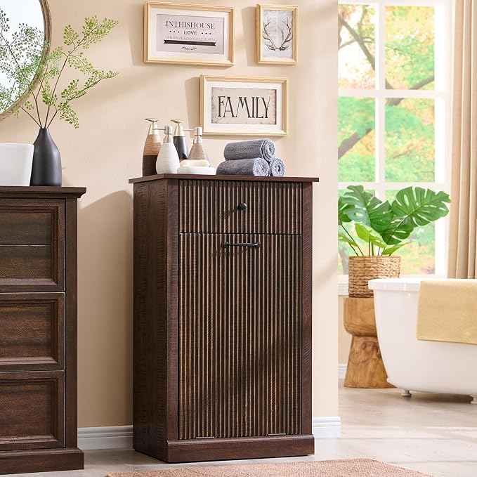 IFBUY Modern Tilt Out Laundry Hamper Cabinet, 10 Gallon Fluted Trash Can Cabinet with Drawer, Wooden Hidden Garbage Can Cabinets with Laundry Basket, Free Standing for Bathroom and Kitchen, Brown by IFBUYFarmhouseFurniture