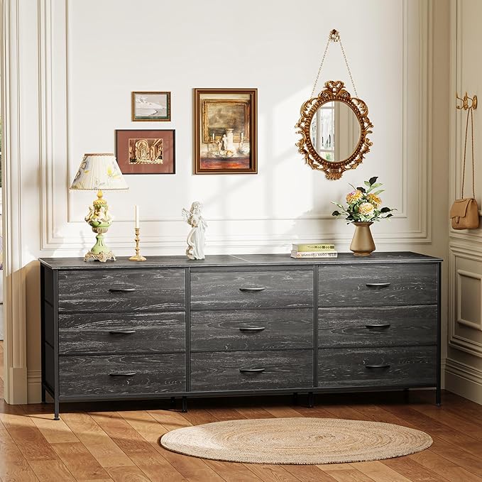 Huuger 63 Inch Dresser for Bedroom, Dresser for Closet with 9 Fabric Drawers, Large TV Stand for 55, 65, 70 Inch TV, Entertainment Center, Wide Long Chest of Drawers, Charcoal Black Wood Grain Print
