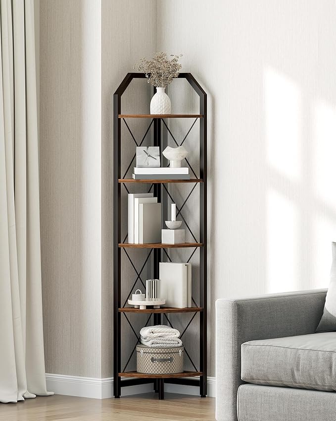 CHOEZON 59.4" Corner Shelf, 5-Tier Industrial Corner Bookshelf, Corner Storage Stand, Plant Stand Display Shelf, Bookcase for Bedroom, Living Room, Home Office, Rustic Brown and Black TCJ10BF - Image 4